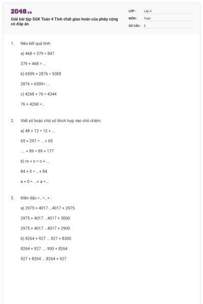 Giải bài tập SGK Toán 4 Tính chất giao hoán của phép cộng có đáp án