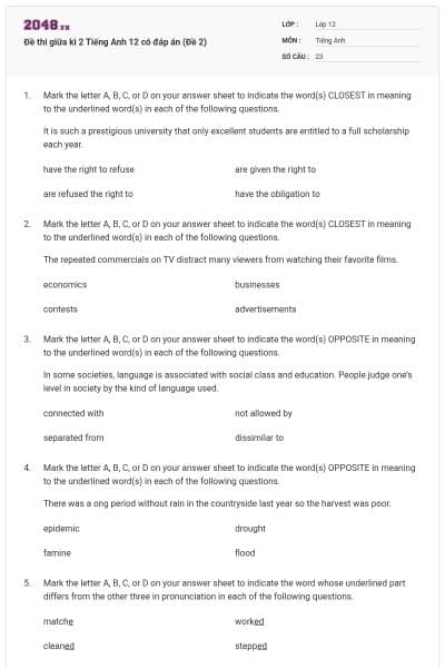 Đề thi giữa kì 2 Tiếng Anh 12 có đáp án (Đề 2)