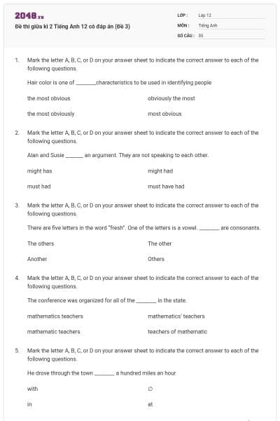 Đề thi giữa kì 2 Tiếng Anh 12 có đáp án (Đề 3)