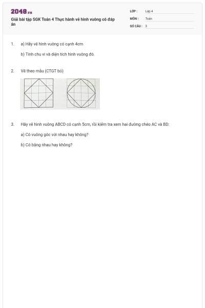 Giải bài tập SGK Toán 4 Thực hành vẽ hình vuông có đáp án