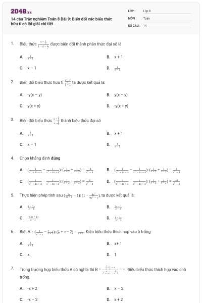 14 câu Trắc nghiệm Toán 8 Bài 9: Biến đổi các biểu thức hữu tỉ có lời giải chi tiết