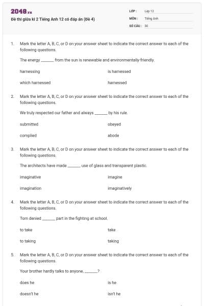 Đề thi giữa kì 2 Tiếng Anh 12 có đáp án (Đề 4)