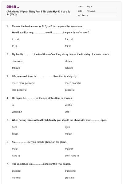 Đề kiểm tra 15 phút Tiếng Anh 8 Thí điểm Học kì 1 có đáp án (Đề 2)