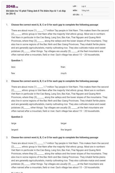 Đề kiểm tra 15 phút Tiếng Anh 8 Thí điểm Học kì 1 có đáp án (Đề 4)