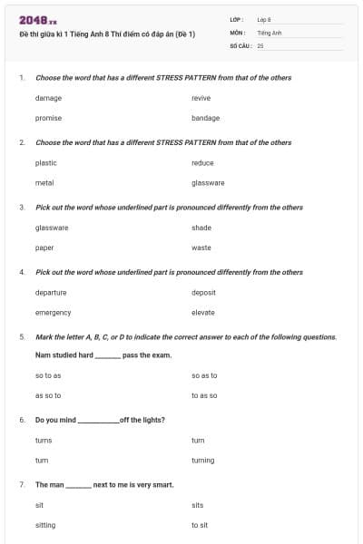 Đề thi giữa kì 1 Tiếng Anh 8 Thí điểm có đáp án (Đề 1)