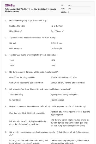Trắc nghiệm Ngữ Văn lớp 11: (có đáp án) Vài nét về tác giả Hồ Xuân Hương