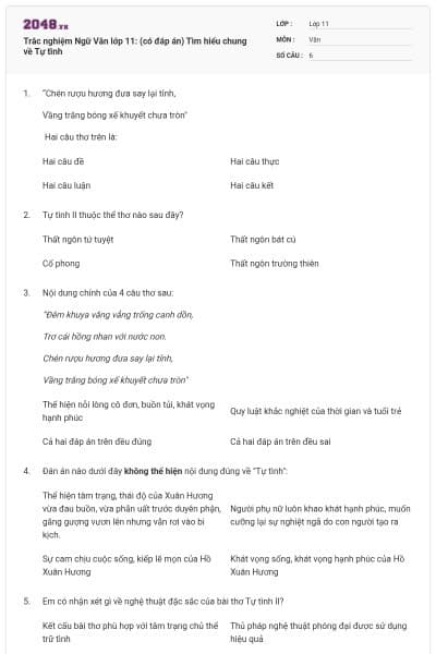 Trắc nghiệm Ngữ Văn lớp 11: (có đáp án) Tìm hiểu chung về Tự tình