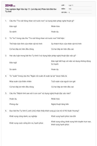 Trắc nghiệm Ngữ Văn lớp 11: (có đáp án) Phân tích Bài thơ Tự tình