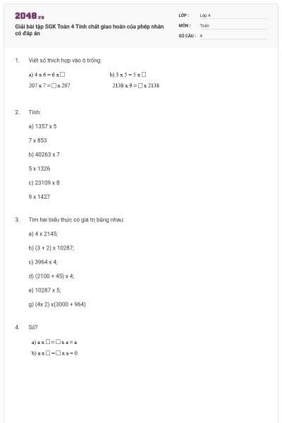 Giải bài tập SGK Toán 4 Tính chất giao hoán của phép nhân có đáp án