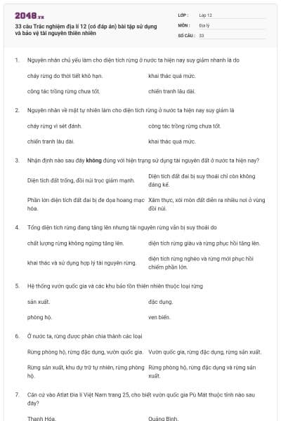 33 câu Trắc nghiệm địa lí 12 (có đáp án) bài tập sử dụng và bảo vệ tài nguyên thiên nhiên