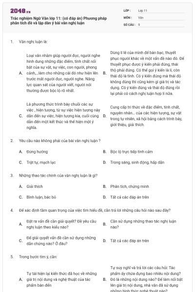 Trắc nghiệm Ngữ Văn lớp 11: (có đáp án) Phương pháp phân tích đề và lập dàn ý bài văn nghị luận