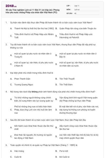 40 câu Trắc nghiệm Lịch sử 11 Bài 21 (có đáp án): Phong trào yêu nước chống Pháp của nhân dân Việt Nam (P2)