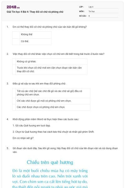 Giải Tin học 4 Bài 4: Thay đổi cỡ chữ và phông chữ