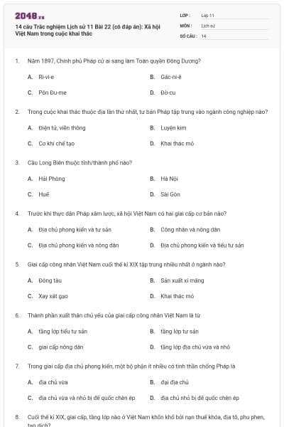 14 câu Trắc nghiệm Lịch sử 11 Bài 22 (có đáp án): Xã hội Việt Nam trong cuộc khai thác