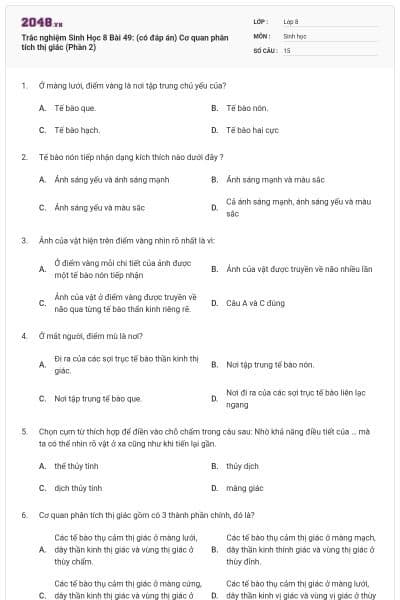 Trắc nghiệm Sinh Học 8 Bài 49: (có đáp án) Cơ quan phân tích thị giác (Phần 2)