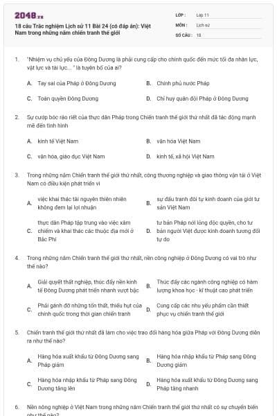 18 câu Trắc nghiệm Lịch sử 11 Bài 24 (có đáp án): Việt Nam trong những năm chiến tranh thế giới