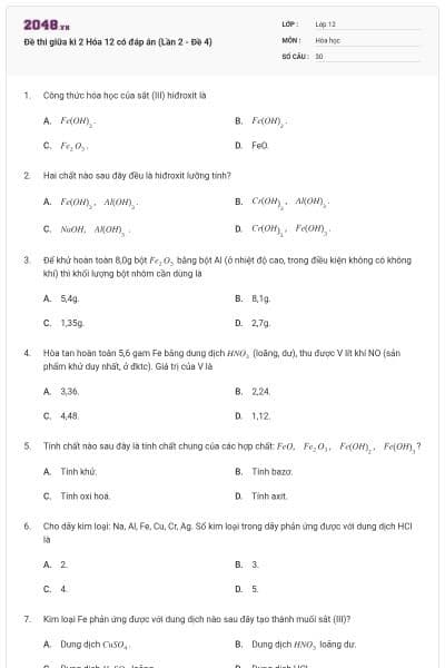 Đề thi giữa kì 2 Hóa 12 có đáp án (Lần 2 - Đề 4)