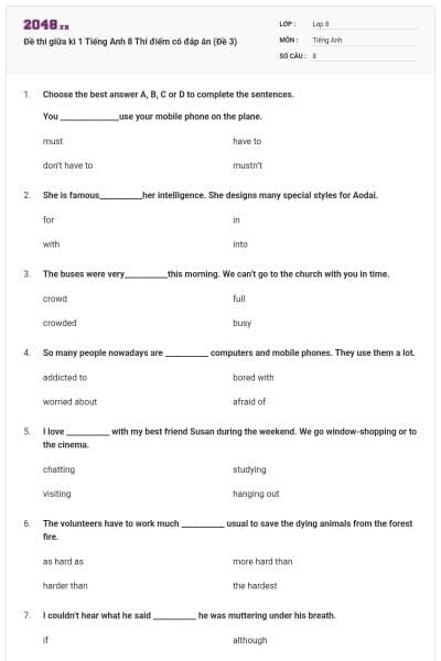 Đề thi giữa kì 1 Tiếng Anh 8 Thí điểm có đáp án (Đề 3)