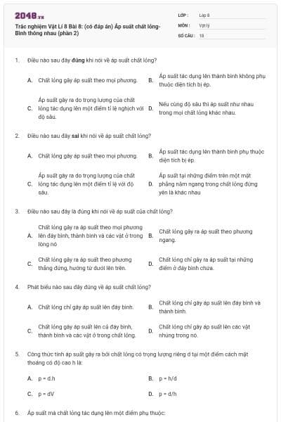 Trắc nghiệm Vật Lí 8 Bài 8: (có đáp án) Áp suất chất lỏng- Bình thông nhau (phần 2)