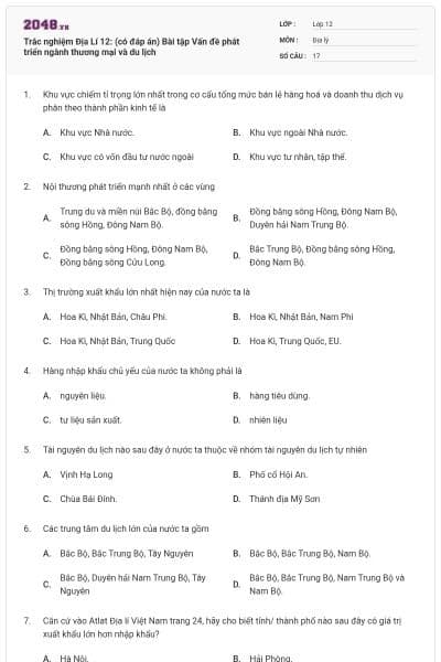 Trắc nghiệm Địa Lí 12: (có đáp án) Bài tập Vấn đề phát triển ngành thương mại và du lịch
