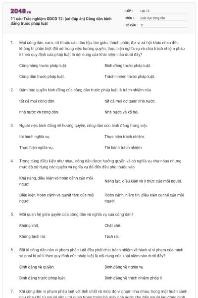 11 câu Trắc nghiệm GDCD 12: (có đáp án) Công dân bình đẳng trước pháp luật