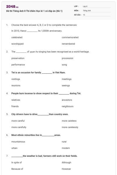 Đề thi Tiếng Anh 8 Thí điểm Học kì 1 có đáp án (Đề 1)
