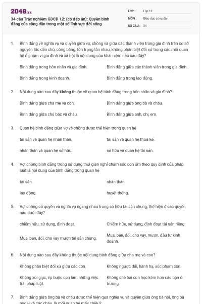 34 câu Trắc nghiệm GDCD 12: (có đáp án): Quyền bình đẳng của công dân trong một số lĩnh vực đời sống