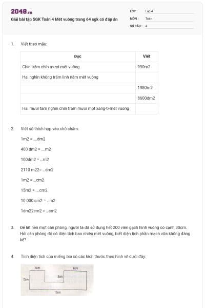 Giải bài tập SGK Toán 4 Mét vuông trang 64 sgk có đáp án
