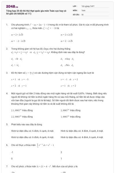 Tổng hợp 20 đề thi thử thpt quốc gia môn Toán cực hay có lời giải chi tiết(Đề số 11)