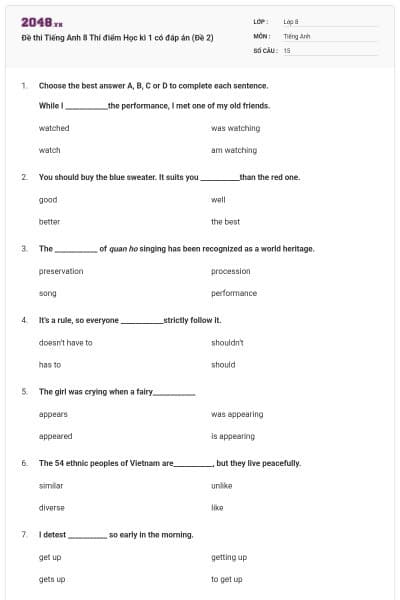 Đề thi Tiếng Anh 8 Thí điểm Học kì 1 có đáp án (Đề 2)