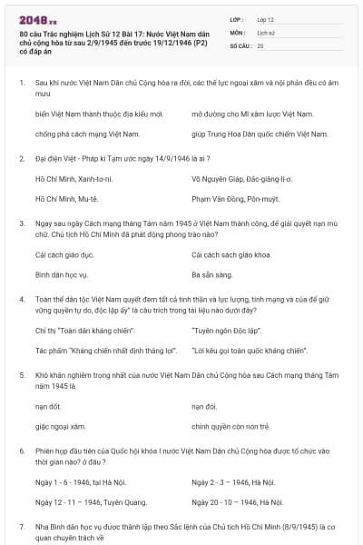 80 câu  Trắc nghiệm Lịch Sử 12 Bài 17: Nước Việt Nam dân chủ cộng hòa từ sau 2/9/1945 đến trước 19/12/1946 (P2) có đáp án