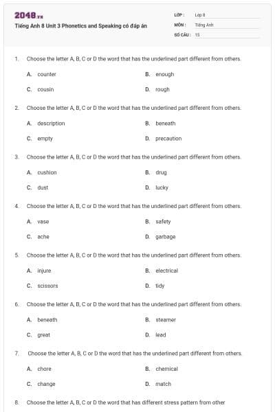 Tiếng Anh 8 Unit 3 Phonetics and Speaking có đáp án