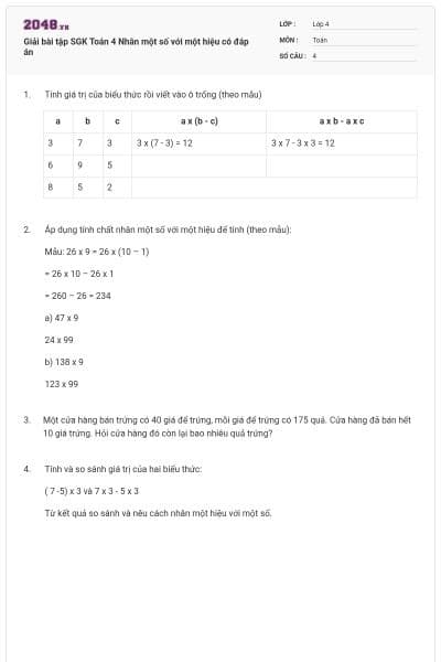 Giải bài tập SGK Toán 4 Nhân một số với một hiệu có đáp án