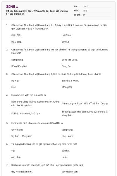 24 câu Trắc nghiệm Địa Lí 12 (có đáp án) Tổng kết chương I – Địa lí tự nhiên