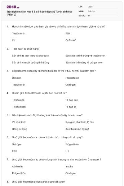 Trắc nghiệm Sinh Học 8 Bài 58: (có đáp án) Tuyến sinh dục (Phần 2)