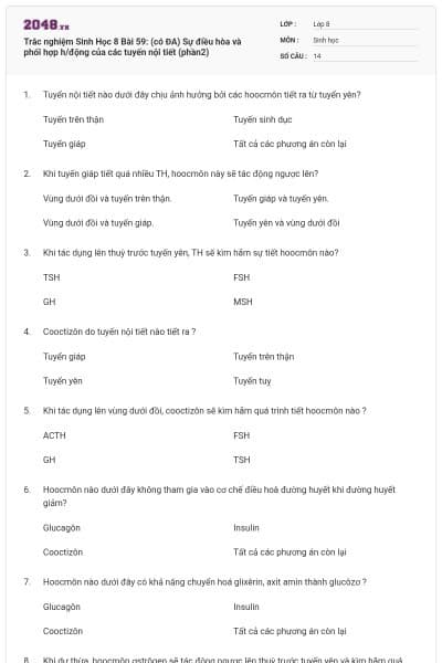 Trắc nghiệm Sinh Học 8 Bài 59: (có ĐA) Sự điều hòa và phối hợp h/động của các tuyến nội tiết (phần2)