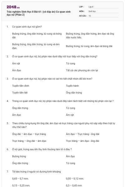 Trắc nghiệm Sinh Học 8 Bài 61: (có đáp án) Cơ quan sinh dục nữ (Phần 2)