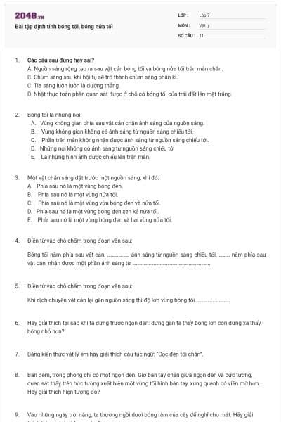 Bài tập định tính bóng tối, bóng nửa tối