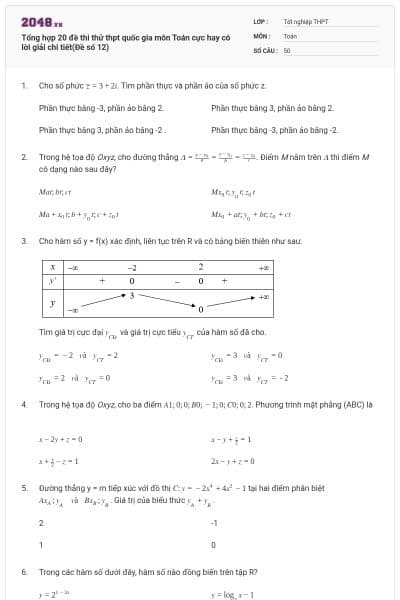 Tổng hợp 20 đề thi thử thpt quốc gia môn Toán cực hay có lời giải chi tiết(Đề số 12)