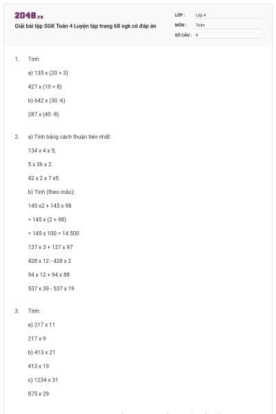 Giải bài tập SGK Toán 4 Luyện tập trang 68 sgk có đáp án