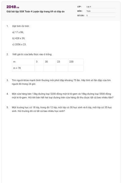 Giải bài tập SGK Toán 4 Luyện tập trang 69 có đáp án