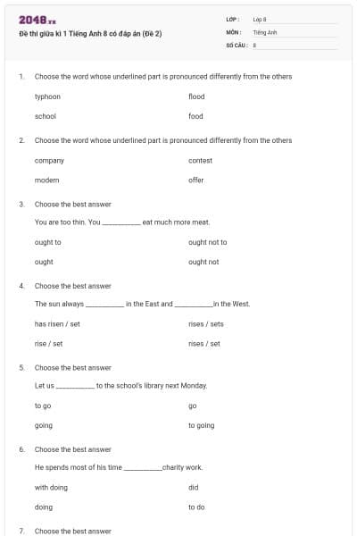 Đề thi giữa kì 1 Tiếng Anh 8 có đáp án (Đề 2)