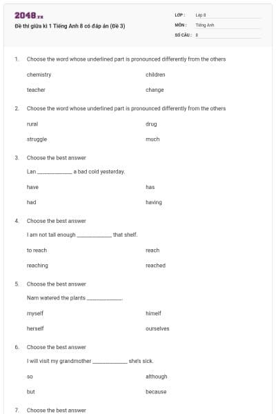 Đề thi giữa kì 1 Tiếng Anh 8 có đáp án (Đề 3)