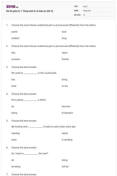 Đề thi giữa kì 1 Tiếng Anh 8 có đáp án (Đề 4)