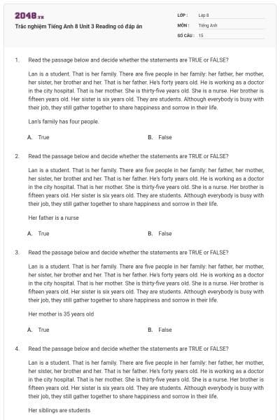 Trắc nghiệm Tiếng Anh 8 Unit 3 Reading có đáp án