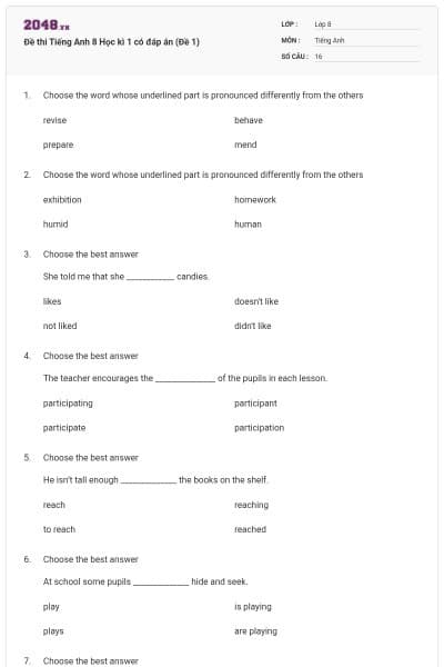 Đề thi Tiếng Anh 8 Học kì 1 có đáp án (Đề 1)
