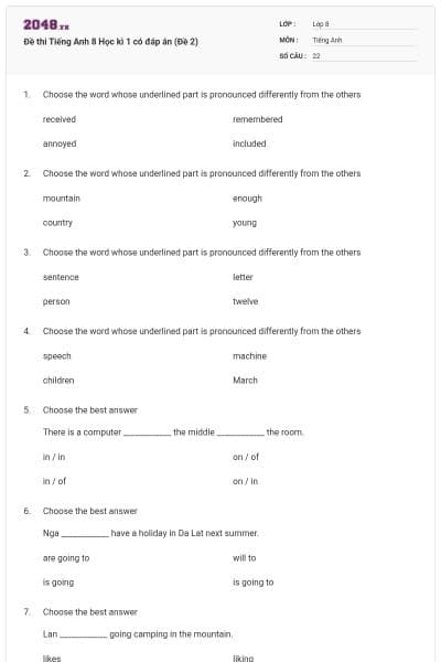 Đề thi Tiếng Anh 8 Học kì 1 có đáp án (Đề 2)