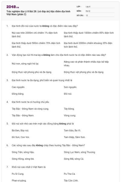 Trắc nghiệm Địa Lí 8 Bài 28: (có đáp án) Đặc điểm địa hình Việt Nam (phần 2)