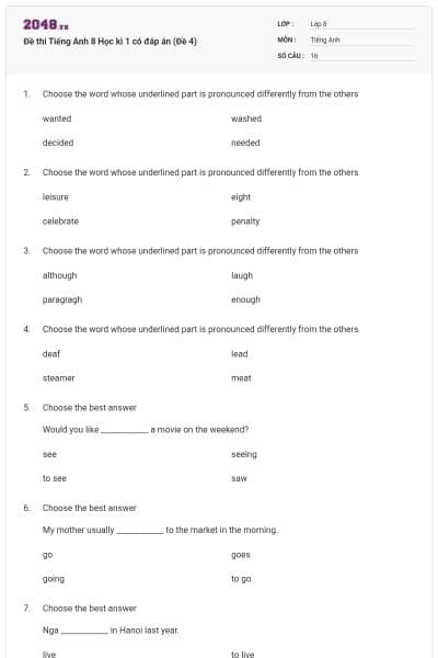Đề thi Tiếng Anh 8 Học kì 1 có đáp án (Đề 4)