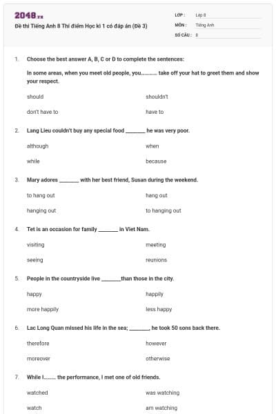 Đề thi Tiếng Anh 8 Thí điểm Học kì 1 có đáp án (Đề 3)